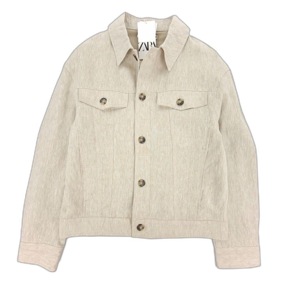 NWT Zara Man 100% Linen Old Money Cargo Button Down Shirt Jacket Ecru Luxe Small